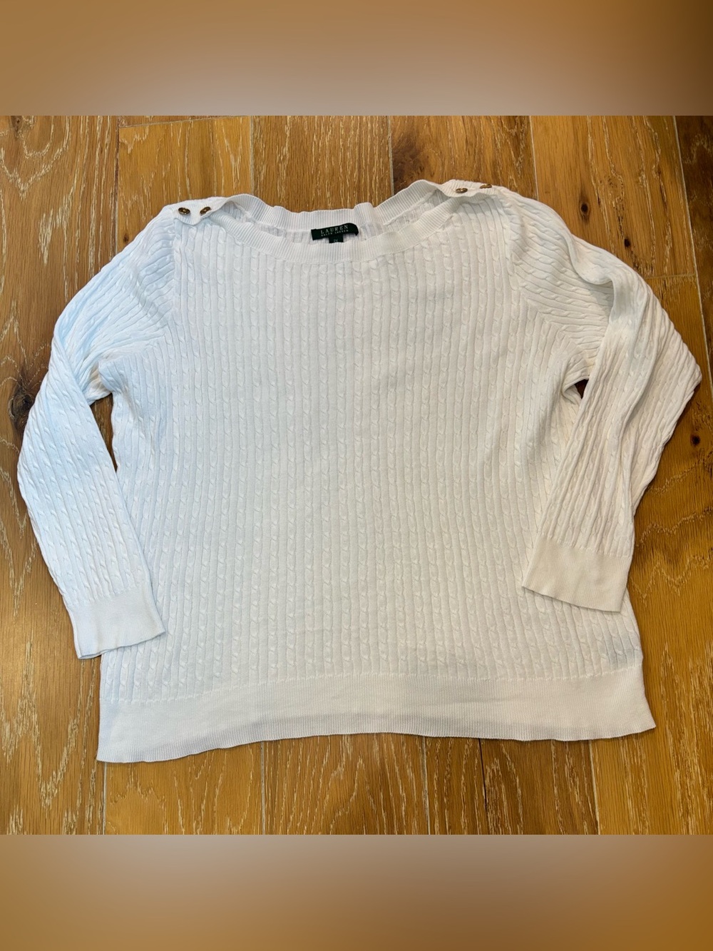 Lauren Ralph Lauren gold Button Cable Knit Cotton Sweater cream White 2X